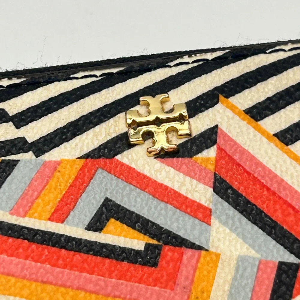 Tory Burch Geometric Chevron Zip Around Wallet Wristlet Orange Pink Black Gold
